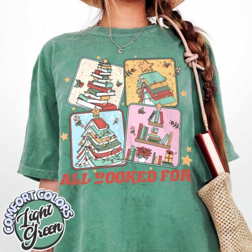 vintage t shirt all booked for christmas design featuring a book tree ideal for librarians and book lovers ymadd