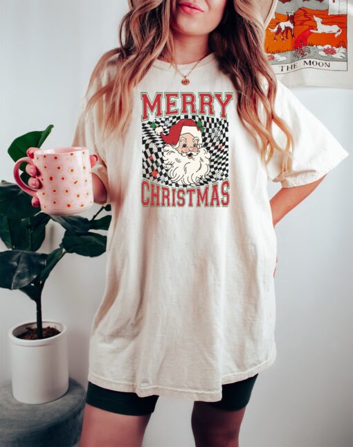 vintage t shirt checkered merry christmas santa shirt for family gatherings retro xmas design ideal for holiday parties tdm0p