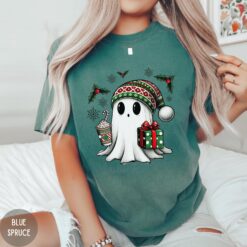 Vintage T Shirt Christmas Ghost Design Comfort Colors Tee for Women Funny Xmas Shirt with Cute Ghost Coffee Print