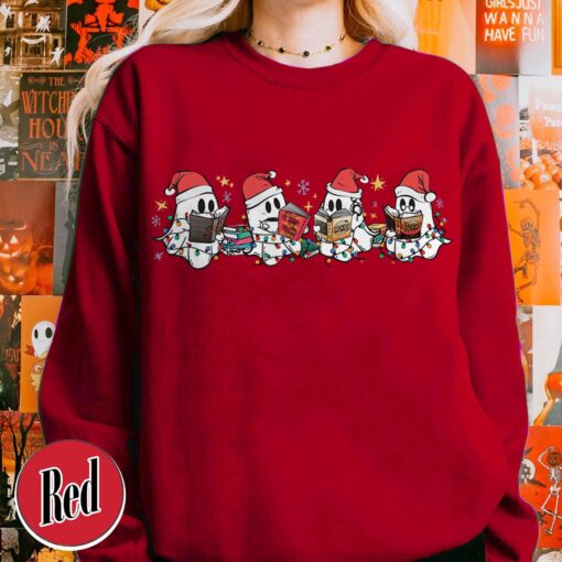 vintage t shirt christmas ghost reading sweatshirt for book lovers featuring cute spooky ghost design ideal for halloween and holiday celebrations 1hues