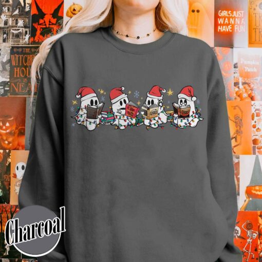 vintage t shirt christmas ghost reading sweatshirt for book lovers featuring cute spooky ghost design ideal for halloween and holiday celebrations zqcll