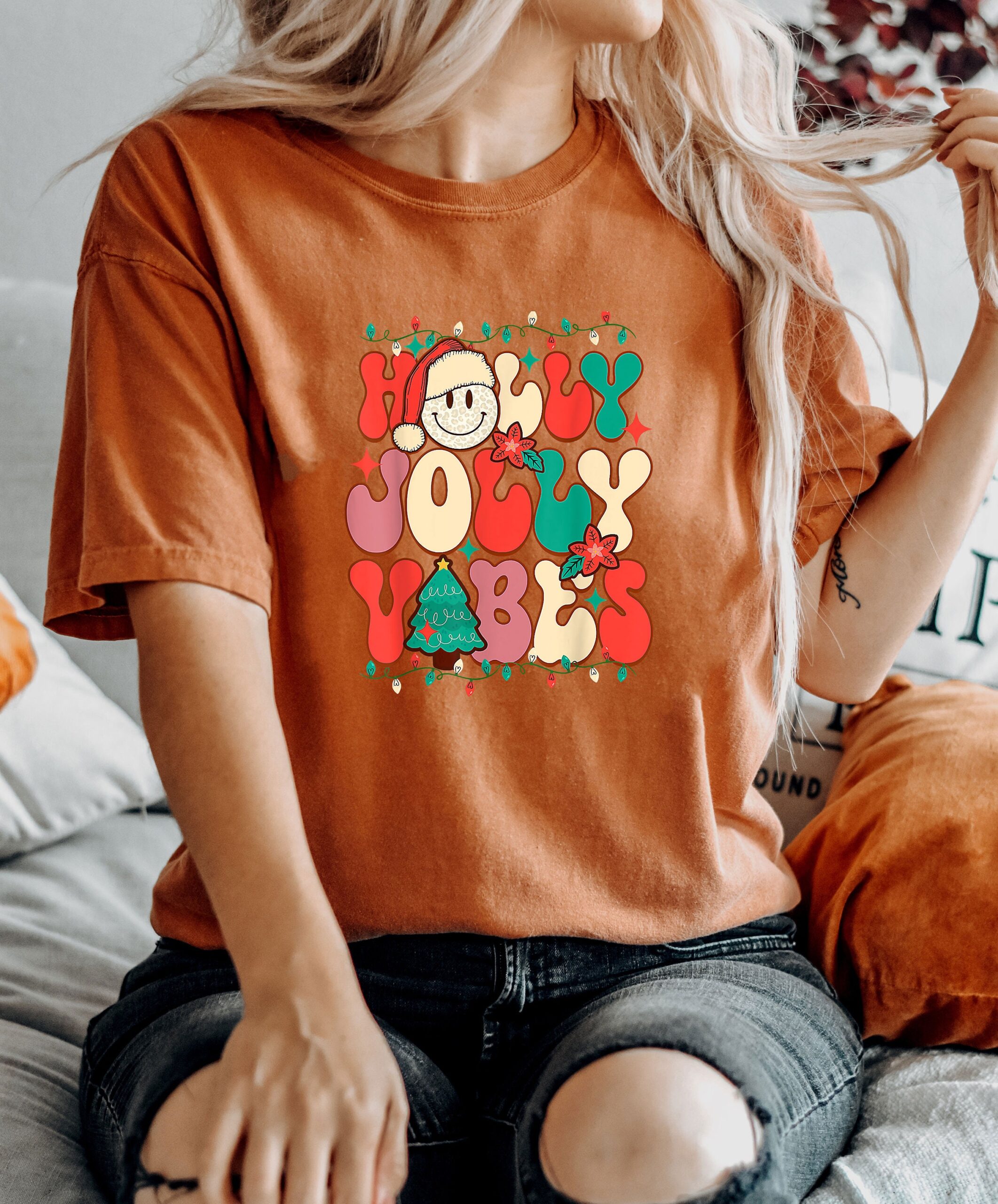 vintage t shirt comfort colors holly jolly vibes christmas tree design for women funny christmas shirt merry christmas theme ljw7e scaled