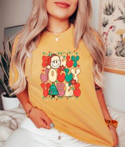 vintage t shirt comfort colors holly jolly vibes christmas tree design for women funny christmas shirt merry christmas theme saeda scaled