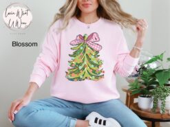 Vintage T Shirt Comfort Colors Long Sleeve Christmas Tree Tee with Trendy Bow Design for a Stylish Holiday Look
