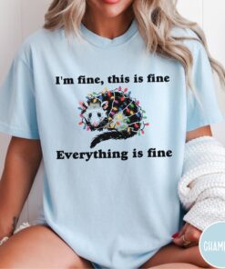 vintage t shirt everything is fine christmas t shirt funny im fine this is fine design with possum and holiday lights 1ygyj