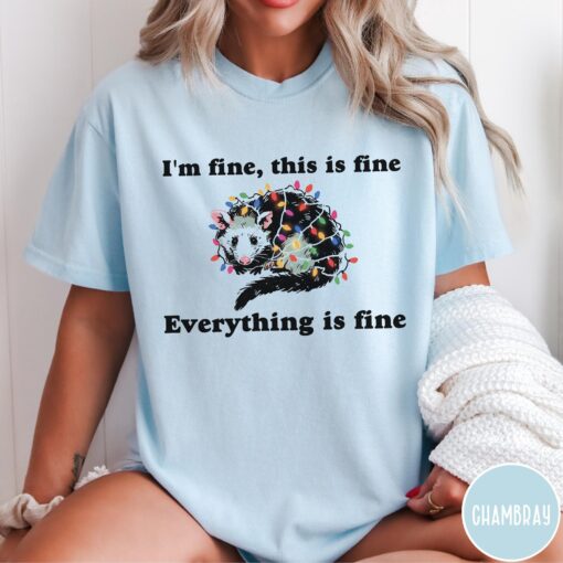 vintage t shirt everything is fine christmas t shirt funny im fine this is fine design with possum and holiday lights 1ygyj