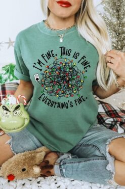 Vintage T Shirt Everything is Fine Christmas Tee with Retro Design and Tangled Christmas Lights Print
