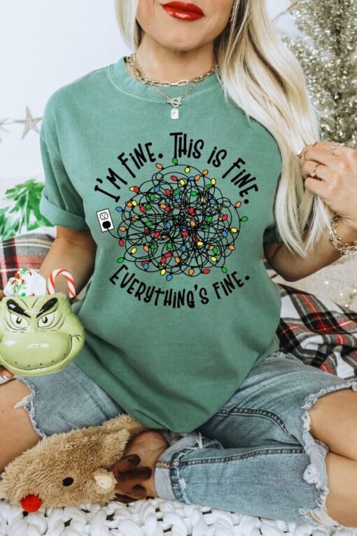 vintage t shirt everything is fine christmas tee with retro design and tangled christmas lights print k7ecz