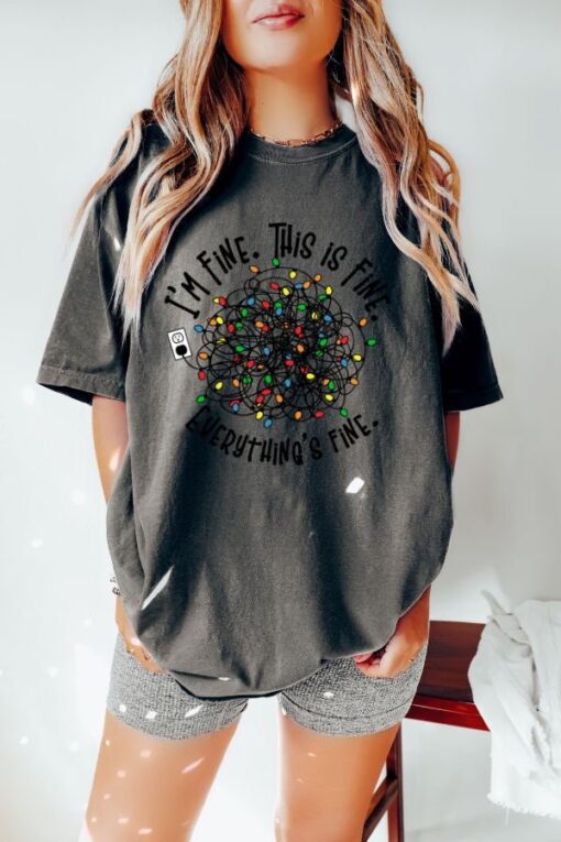 vintage t shirt everything is fine christmas tee with retro design and tangled christmas lights print t2wtr