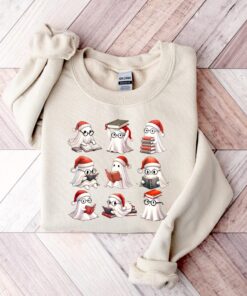 vintage t shirt featuring cute christmas ghosts reading with book lovers theme for women hgnuy scaled