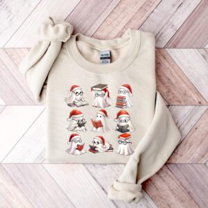 vintage t shirt featuring cute christmas ghosts reading with book lovers theme for women hgnuy scaled