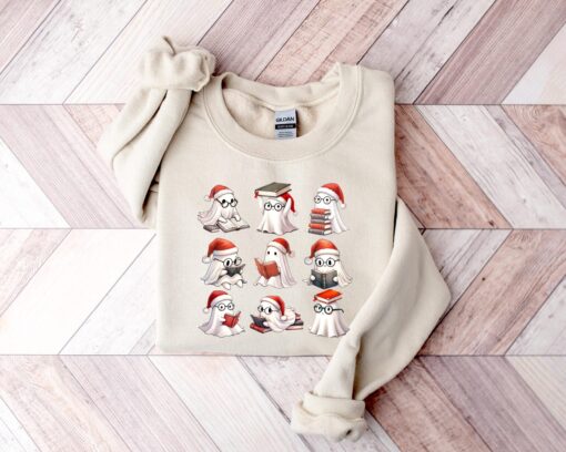 vintage t shirt featuring cute christmas ghosts reading with book lovers theme for women hgnuy scaled