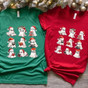 vintage t shirt featuring cute christmas ghosts reading with book lovers theme for women kzljp