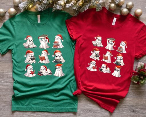 vintage t shirt featuring cute christmas ghosts reading with book lovers theme for women kzljp