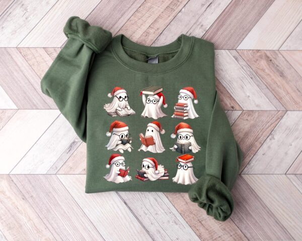 vintage t shirt featuring cute christmas ghosts reading with book lovers theme for women szgx0 scaled