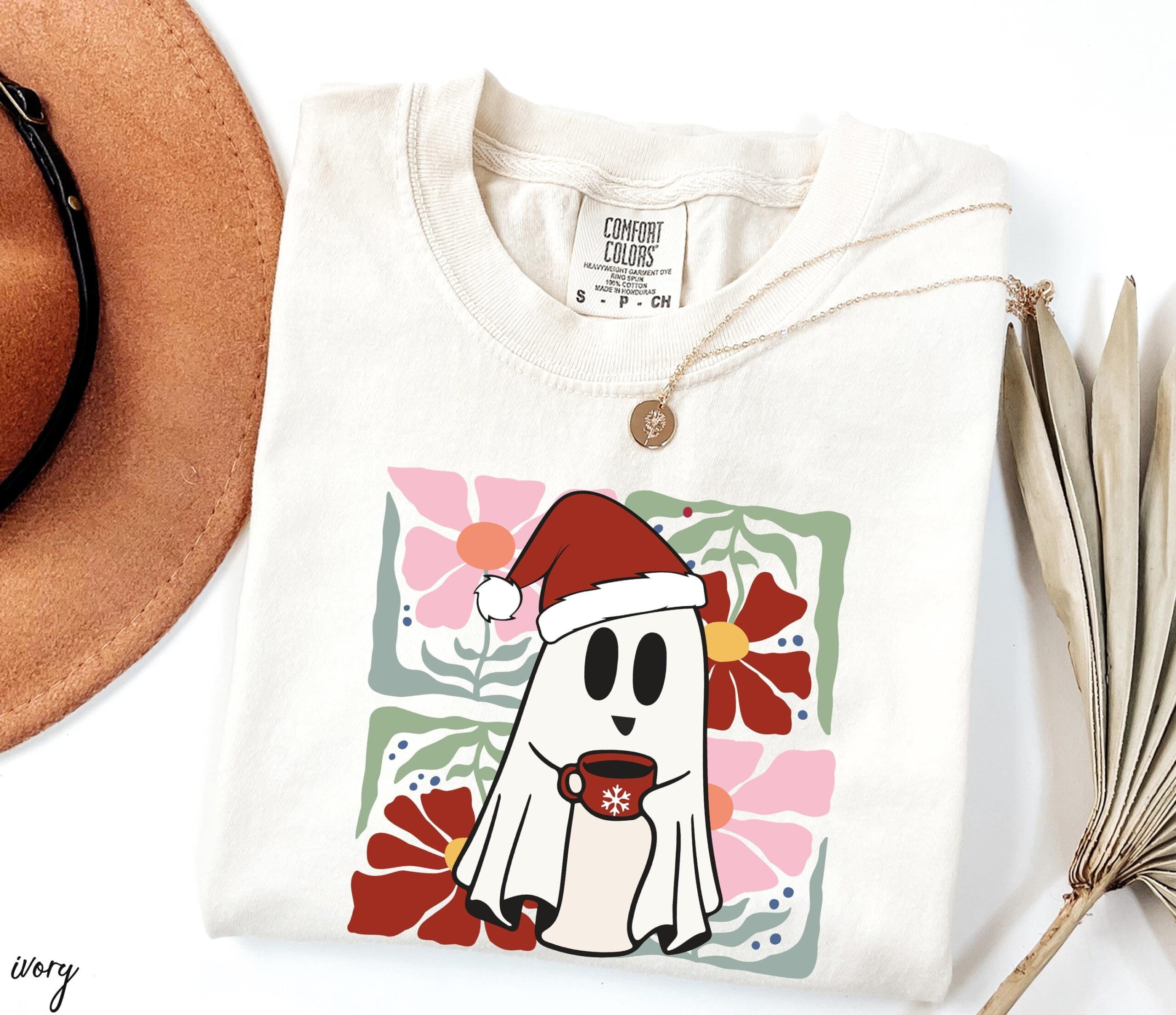 vintage t shirt floral ghost christmas shirt for women boho style comfort colors design with unique ghoul graphic azlfx scaled