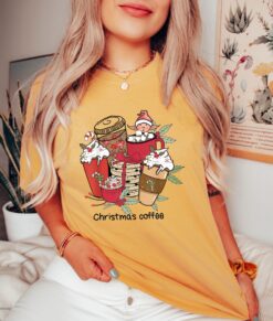 Vintage T Shirt for Coffee Lovers  Retro Christmas Santa Latte Design  Comfortable Colors T Shirt for Holiday Celebrations