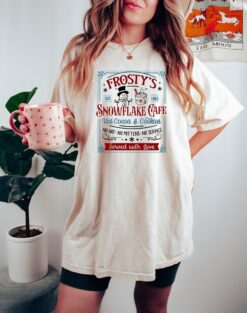 Vintage T Shirt Frostys Snowflake Cafe Shirt for Christmas Featuring Hot Cocoa and Cookies Design in Comfort Colors