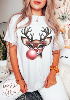 vintage t shirt funny christmas reindeer blowing bubble with glasses oversized holiday tee for festive celebrations v8kls