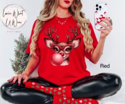 vintage t shirt funny christmas reindeer blowing bubble with glasses oversized holiday tee for men and women wilxu