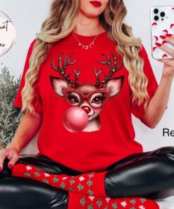 vintage t shirt funny christmas reindeer blowing bubble with glasses oversized holiday tee for men and women wilxu