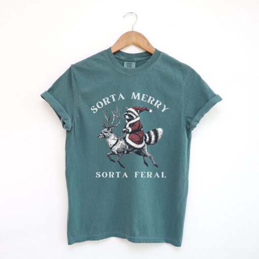 vintage t shirt funny raccoon santa christmas crewneck with meme design sorta feral animal graphic tee for holiday wear 8ly8x scaled