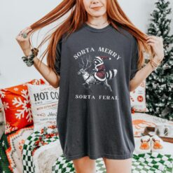 vintage t shirt funny raccoon santa christmas crewneck with meme design sorta feral animal graphic tee for holiday wear i2vwf scaled