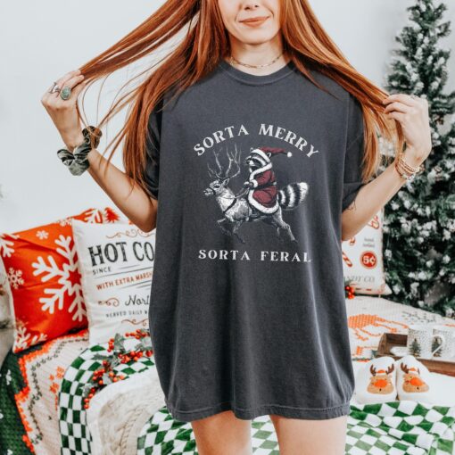 vintage t shirt funny raccoon santa christmas crewneck with meme design sorta feral animal graphic tee for holiday wear i2vwf scaled