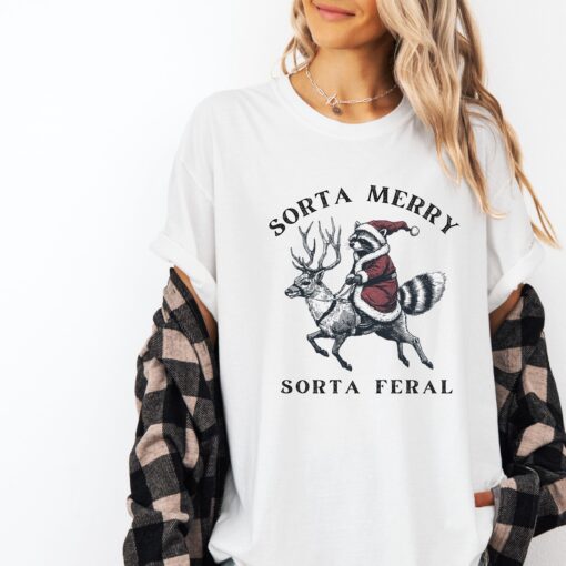 vintage t shirt funny raccoon santa christmas crewneck with meme design sorta feral animal graphic tee for holiday wear l1zay scaled
