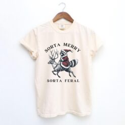 Vintage T Shirt Funny Raccoon Santa Christmas Crewneck with Meme Design Sorta Feral Animal Graphic Tee for Holiday Wear