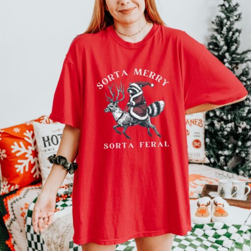 vintage t shirt funny raccoon santa christmas crewneck with meme design sorta feral animal graphic tee for holiday wear ym8vd scaled
