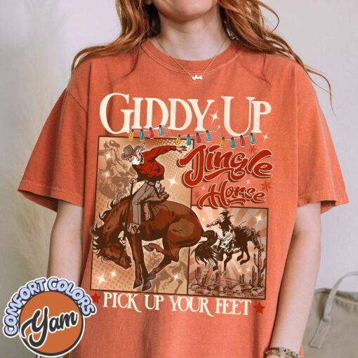 vintage t shirt giddy up jingle horse pick up your feet cowboy christmas tee for country lovers and festive celebrations a7iyi