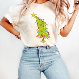 vintage t shirt grumpy christmas tree design funny holiday tee for women whimsical xmas apparel perfect for festive gatherings hdkhr