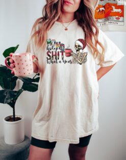 Vintage T Shirt Ho Ho Holy Shit What A Year Skeleton Tee Funny Christmas Shirt for Men and Women Comfort Colors Design