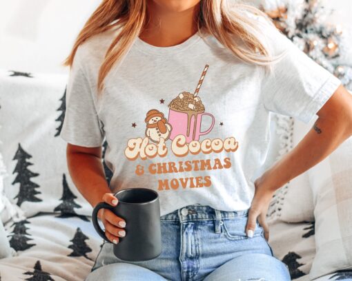 vintage t shirt hot cocoa and christmas movies design retro style for women funny christmas shirts for holiday season