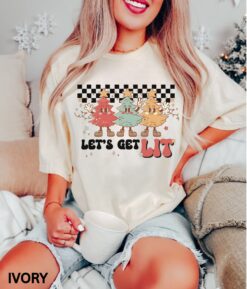 Vintage T Shirt Lets Get Lit Christmas Design Retro Winter Trees Funny Holiday Apparel
