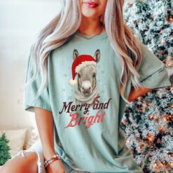 vintage t shirt merry and bright donkey christmas shirt in comfort colors for donkey lovers with retro style bxc4y