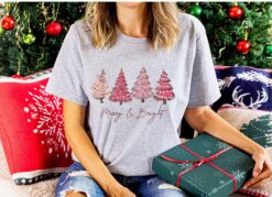 vintage t shirt merry and bright womens christmas tee in pink with holiday design for festive occasions kgwwz