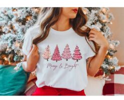 Vintage T Shirt Merry and Bright Womens Christmas Tee in Pink with Holiday Design for Festive Occasions