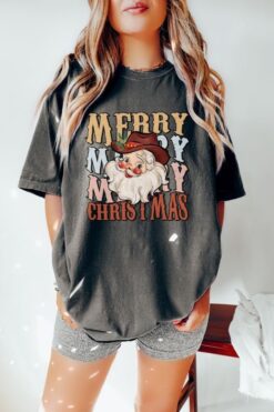 Vintage T Shirt Merry Santa Cowboy Tee Comfort Colors for Western Christmas Apparel and Holiday Celebrations