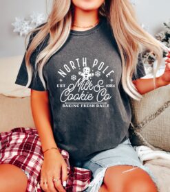 Vintage T Shirt North Pole Milk and Cookie Co Christmas Design Gingerbread Baking Tee for Fun Holiday Celebrations