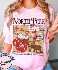 vintage t shirt north pole readers club tee bookish christmas design for book lovers and bookworms bqpok