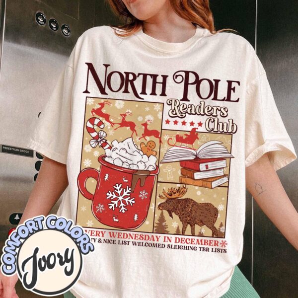 vintage t shirt north pole readers club tee bookish christmas design for book lovers and bookworms eyic0