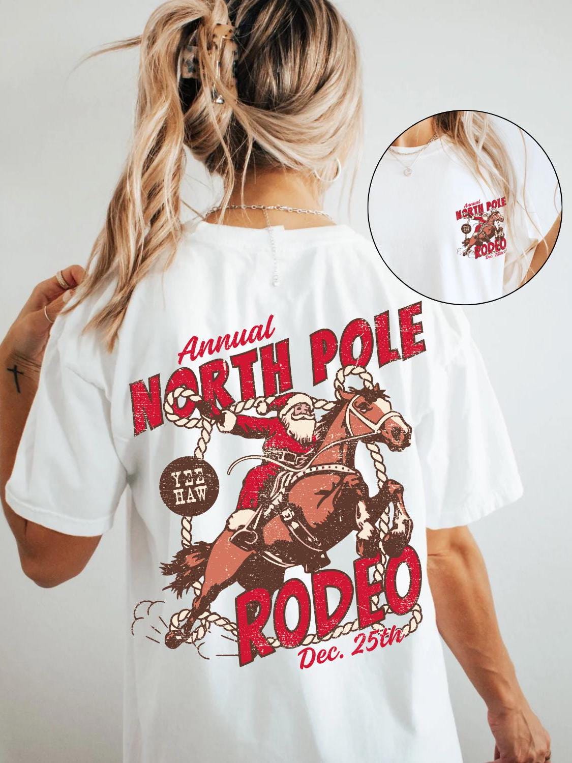 vintage t shirt north pole rodeo tee unisex cowboy santa claus design comfort colors for country christmas celebrations