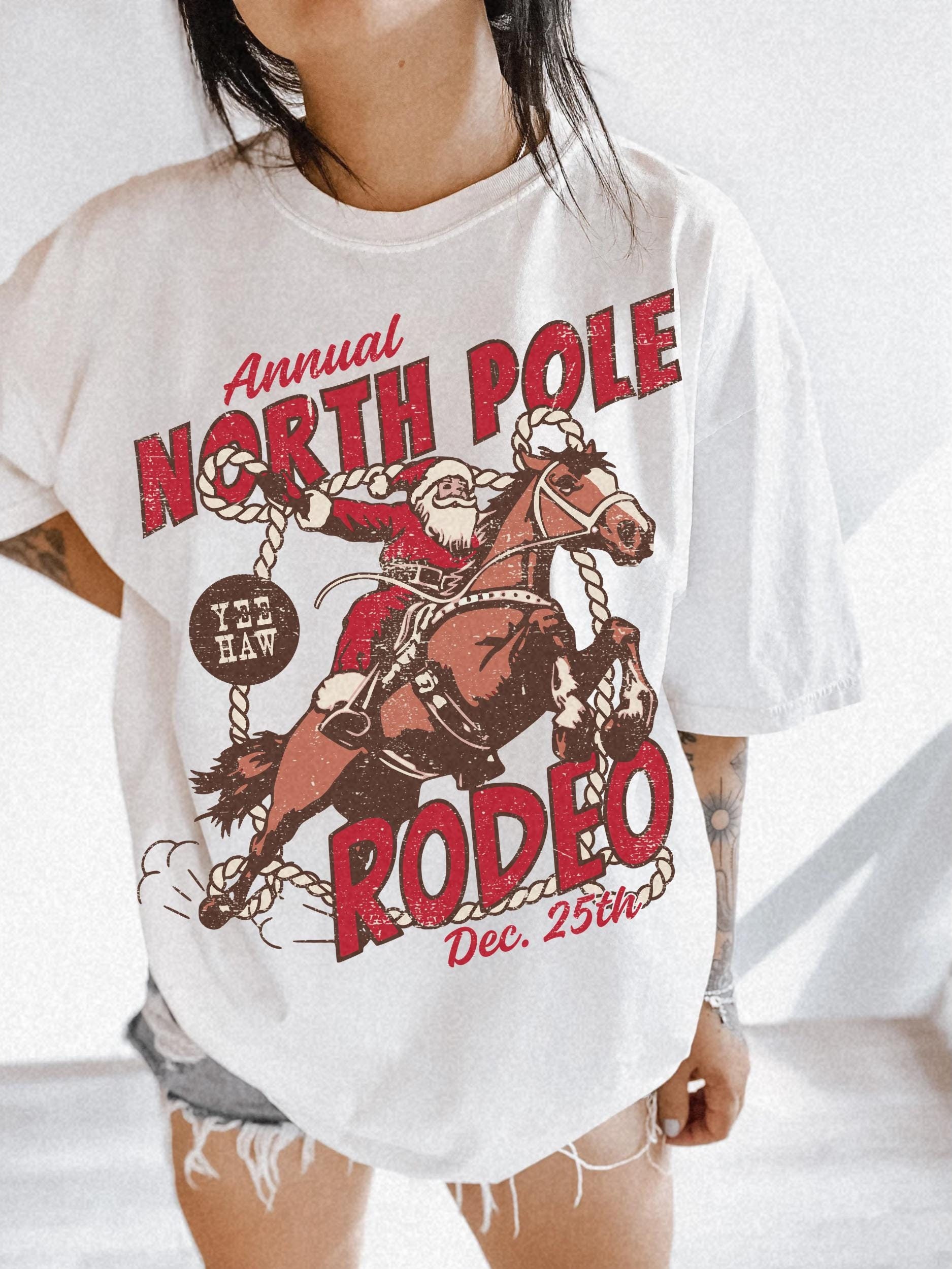 vintage t shirt north pole rodeo tee unisex cowboy santa claus shirt comfort colors western design for country christmas celebrations pzcz7