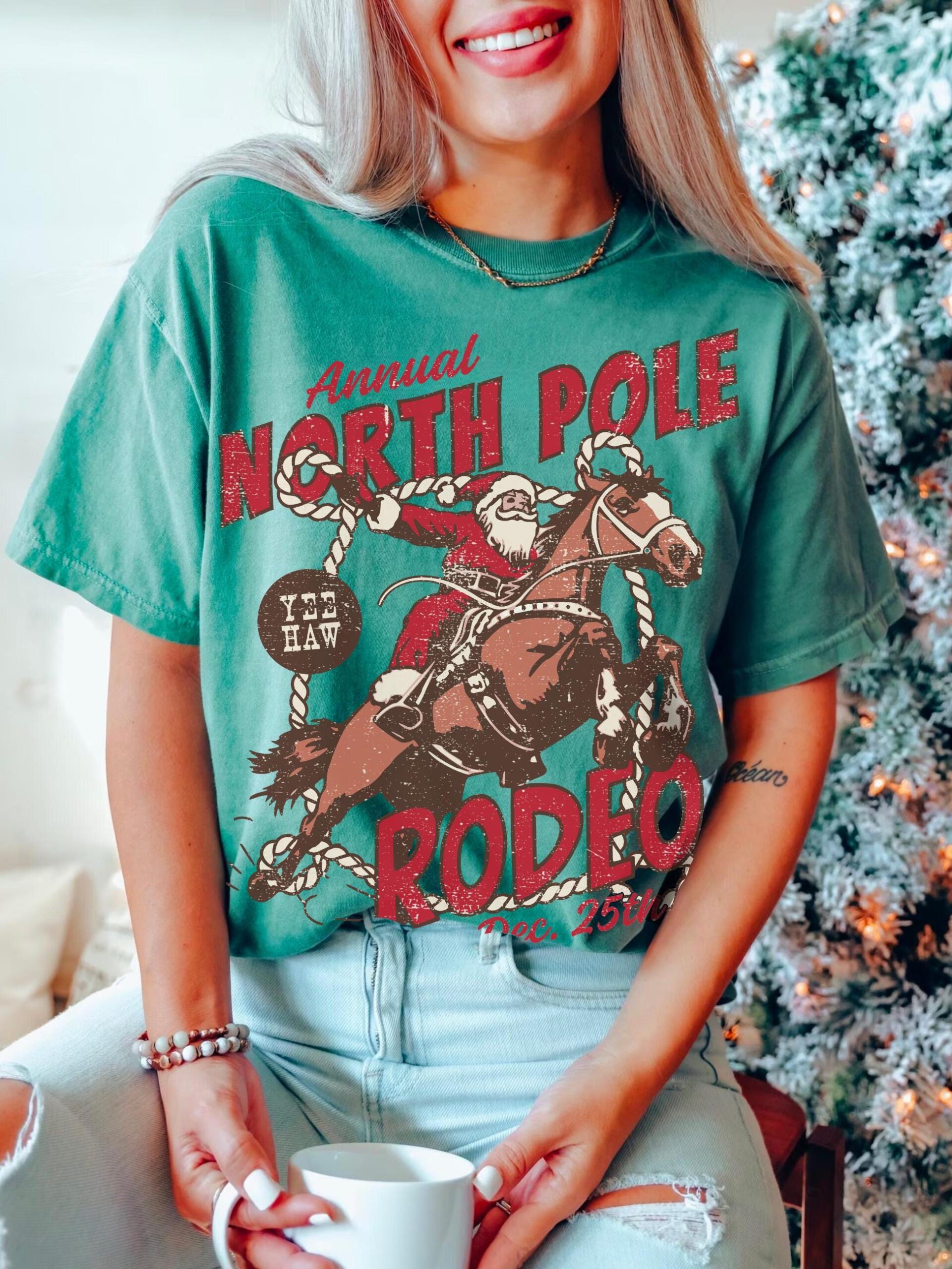 vintage t shirt north pole rodeo tee unisex cowboy santa claus shirt comfort colors western design for country christmas celebrations travn scaled