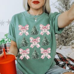 Vintage T Shirt Pink Coquette Bow Christmas Shirt Comfort Colors with Girly Christmas Tree Design for Festive Style