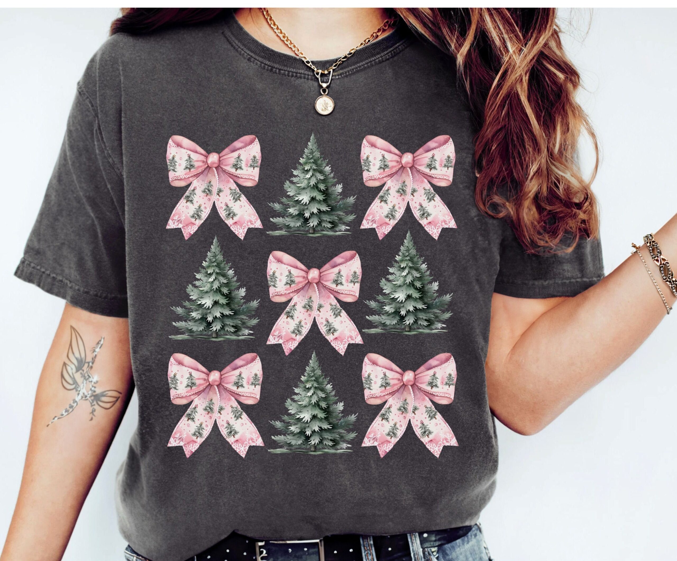 vintage t shirt pink coquette bow christmas shirt comfort colors with girly christmas tree design for festive style rcdjw scaled