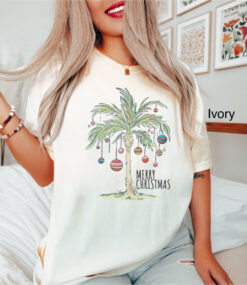 Vintage T Shirt Tropical Christmas Palm Tree Design Comfort Colors Tee for Family Gatherings and Beach Celebrations