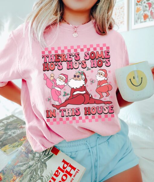 vintage t shirt twerking santa design funny christmas shirt with theres some hos hos hos in this house for holiday parties